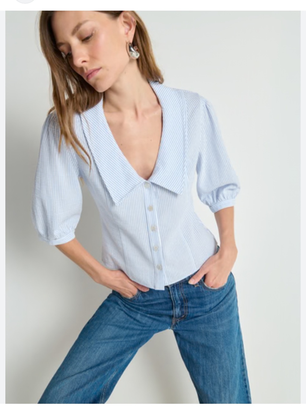 NATION LTD Veronique Blouse Blue White Stripe Puff Sleeve Sz M NEW